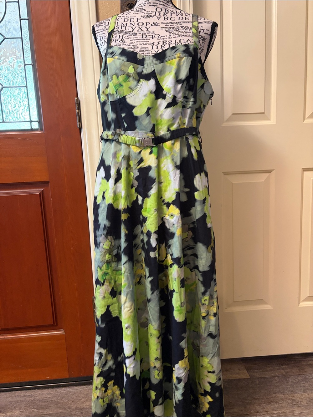 DKNY Black/green Floral Midi Dress hits about the ankle with liner, belt.